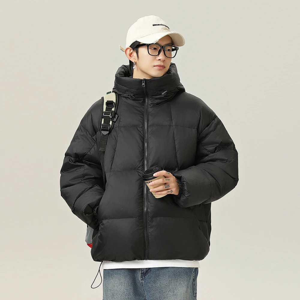 Мужской пуховик с капюшоном черный водонепроницаемый на белом утином пуху