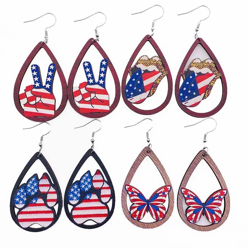 

New American Flag Color Droplet Pendant Earrings Butterfly Cat Claw Lips Cut-out Independence Day Wooden Hollow Droplet Ear Ring