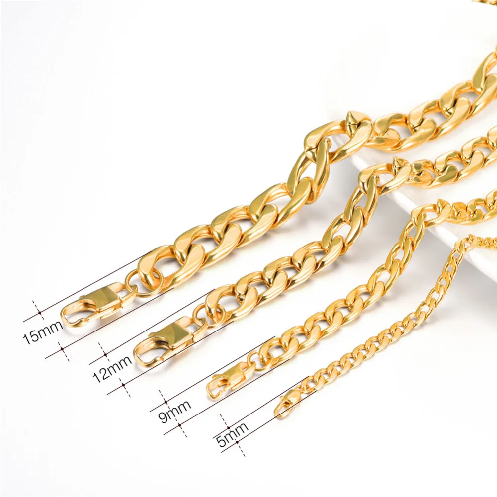 

Kpop Men Stainless Steel Gold Plated Cuban Chain Necklaces for Rocker Boy's Gift Punk Hiphop Jewelry 5mm 9mm 12mm