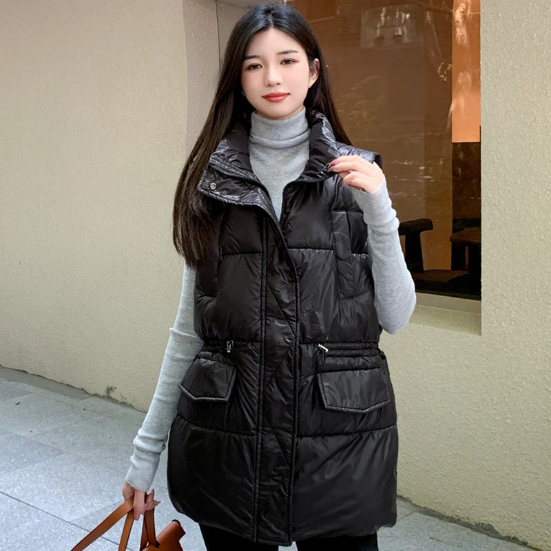 

Winter Sleeveless Jackets for Women 2023 New Fashion Oversize Long Parkas Korean Style Zipper Stand Collar Winter Vest