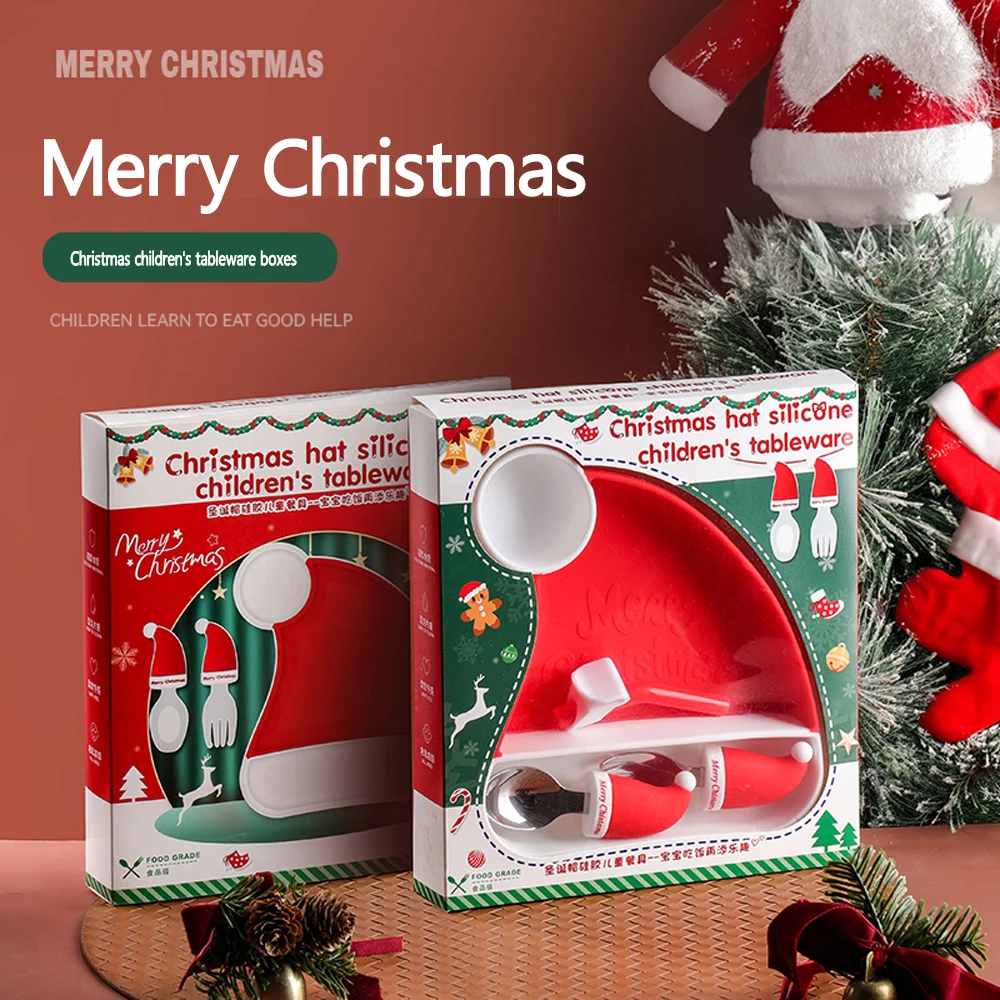 

Рождественская тема, силиконовая детская обеденная тарелка, детские столовые приборы, креативный Рождественский силиконовый нагрудник, вилка, ложка, миска для еды, подарочный набор