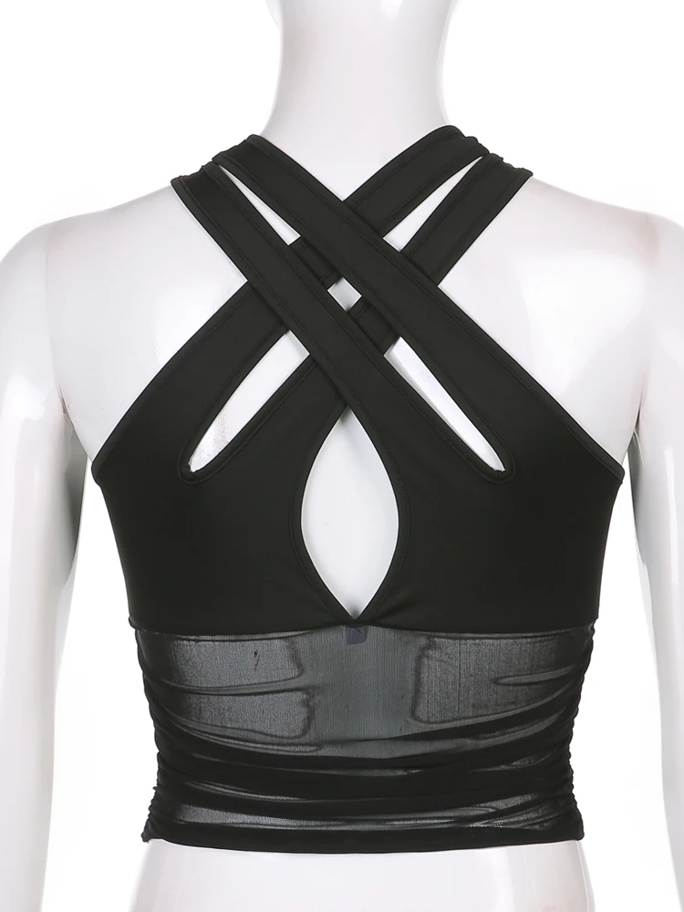 Модный черный пикантный укороченный топ Darlingaga женские сетчатые облегающие майки