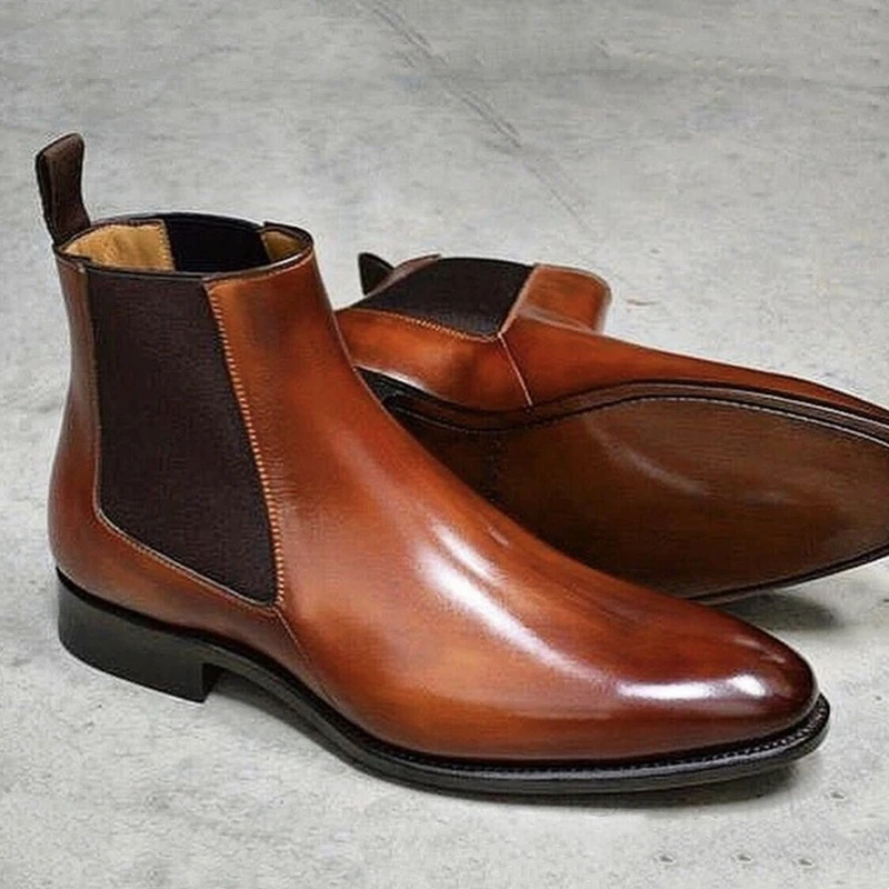 

Мужские коричневые ботинки челси, черные деловые ботильоны ручной работы с круглым носком, без шнуровки