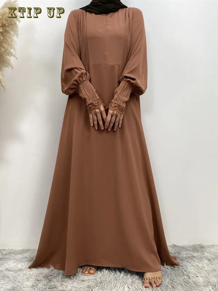 

Dubai Ramadan Muslim Abaya Simple Luxury Sleeve With Lace Zipper And Pleated Front Zipper Arab Morocco Turkiye Islamic Maxi Gown