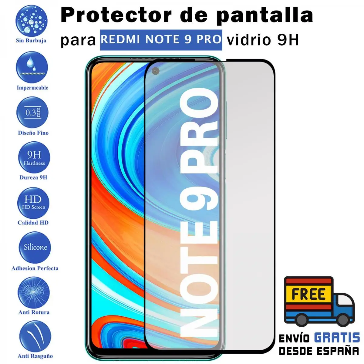 

Xiaomi Redmi Note 9 PRO Black tempered glass 9H screen Protector for movil - Todotumovil