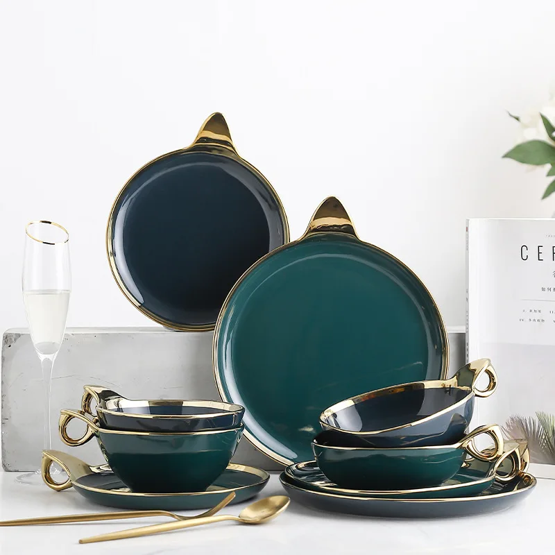 

Nordic Green Black Ceramic food Dinner Plate Dish Dessert Tray Gold Handle Dinnerware salad Bowl platter Porcelain Tableware Set