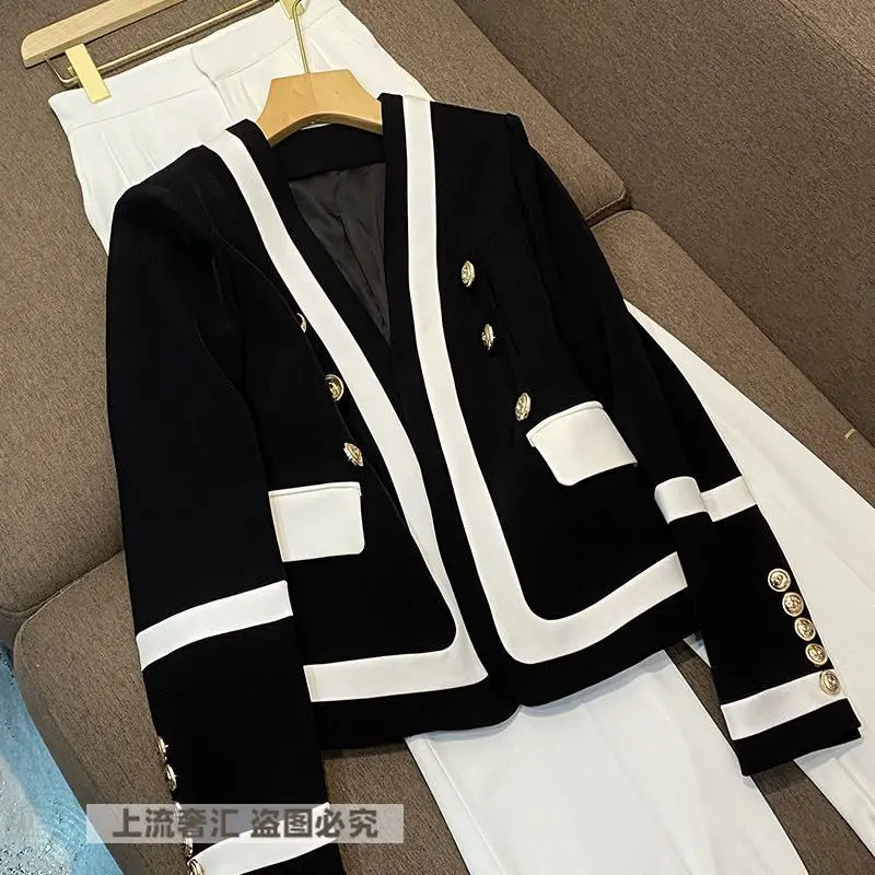 

Balmain European station spring and autumn new double-breasted black and white stitching fashion women's one-piece Blazers