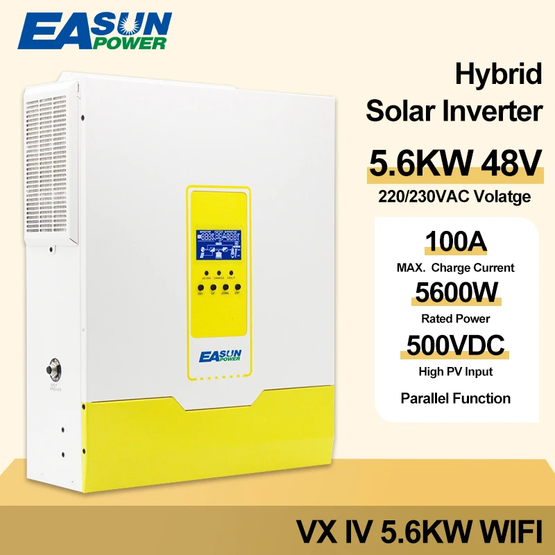 

Easun Power 5.6Kw Hybrid Solar Inverter On+Off Grid 6000W 100A 500V High Pv Input 220V 48V Mppt Ups Parallel Function and Wifi