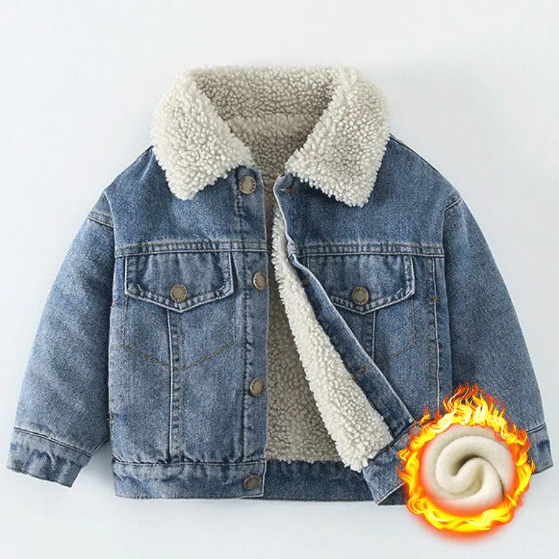 

Winter Kids Fleece Denim Jacket Boys Thick Outerwear 0-7Y Young Children Casual Clothes Autumn Girl Long Sleeve Solid Coats 2022