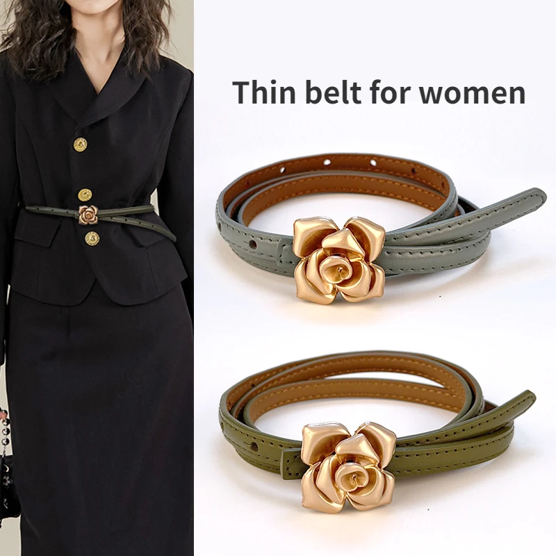 New Leather Thin Belt for Woman Flower Corset Sweater Dress Accessories Vintage Versatile Luxury Designer Brand Belt
