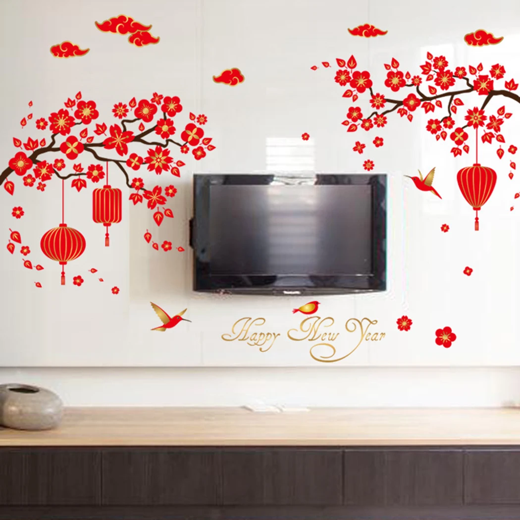 

2022 Chinese New Year Sticker Spring Festival Decoration PVC Red Lanterns Flower Wall Stickers Window Door Home Decor 60x90cm