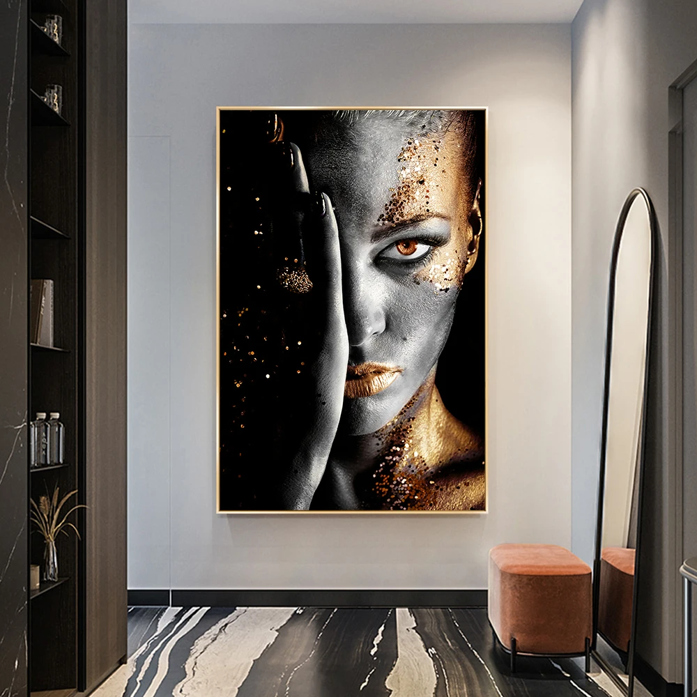 

African Art Black and Gold Woman Oil Painting on Canvas Cuadros Posters and Prints Scandinavian Wall Art Picture for Living Room