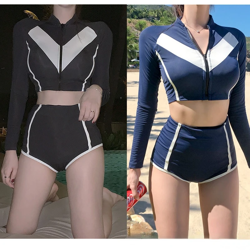 

Купальник Новый женский летний модный спортивный раздельный купальник из двух частей с лямкой на шее с длинными рукавами на молнии сексуал...