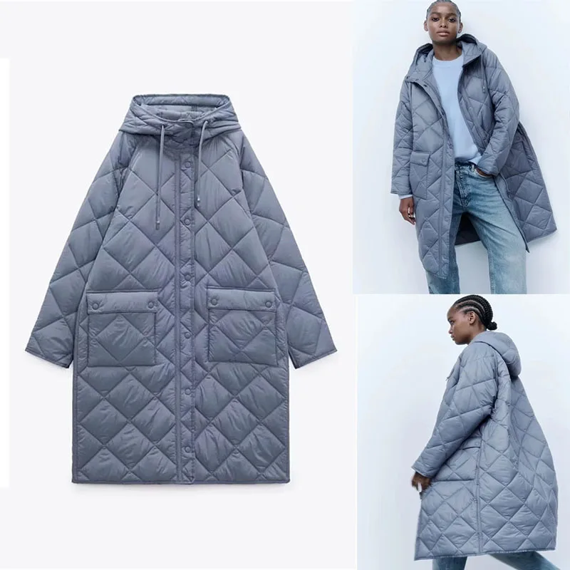 Woman Blue Hooded Parkas Coats Solid Casual Oversize Warm Big Pockets Mid-length Parkas Jackets Winter Thicken Outerwear Female