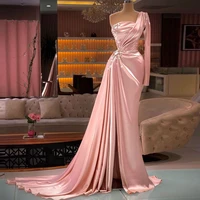 pink elegant exquisite demure evening dress one shoulder a line floor length with train saudi arabia dubai prom dress plus size