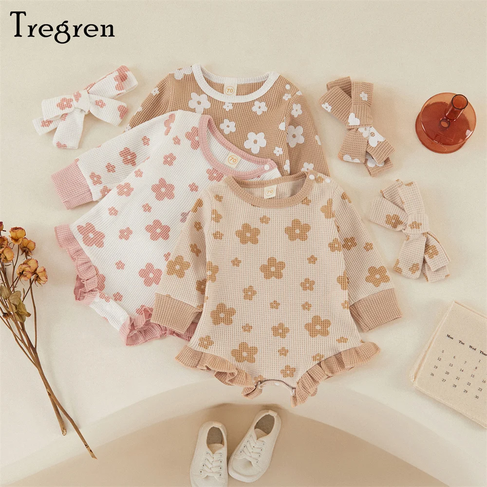 

Tregren 0-18M Newborn Infant Baby Girl Romper Fall Long Sleeve Floral Print Ruffle Jumpsuit Headband 2pcs Clothes Set Outfits