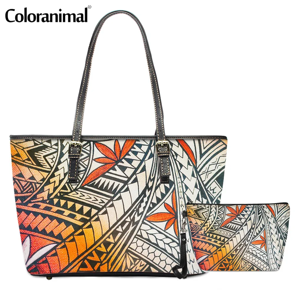 

Coloranimal Luxury PU Leather Ladies Tote Handbag 2Pcs/set Shoulder Bag with Cosmetic Bag Samoan Polynesian Crossbody Bag 2022