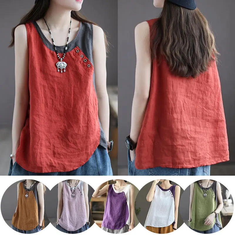 

Summer Casual Camisole Women Literary Retro Cotton Linen Vest Blouse Sleeveless T-shirt Solid Loose Comfort Tank Spliced Tops