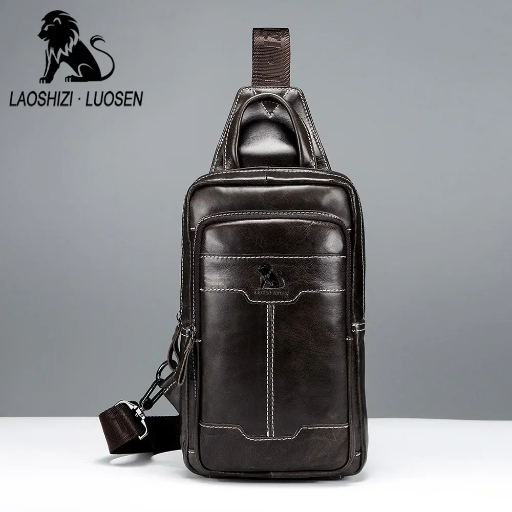 

LAOSHIZI new High Quality Men Genuine Leather Cowhide Vintage Chest Back Pack Travel fashion Cross Body Messenger Shoulder Bag