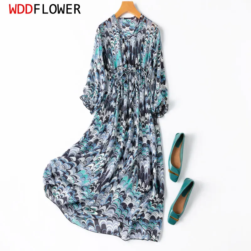 Women Silk Dress 100% Natural Silk Sexy Transparent Peacock Feather Printed Ruffle High waist Belted Waist Midi Dress MM881