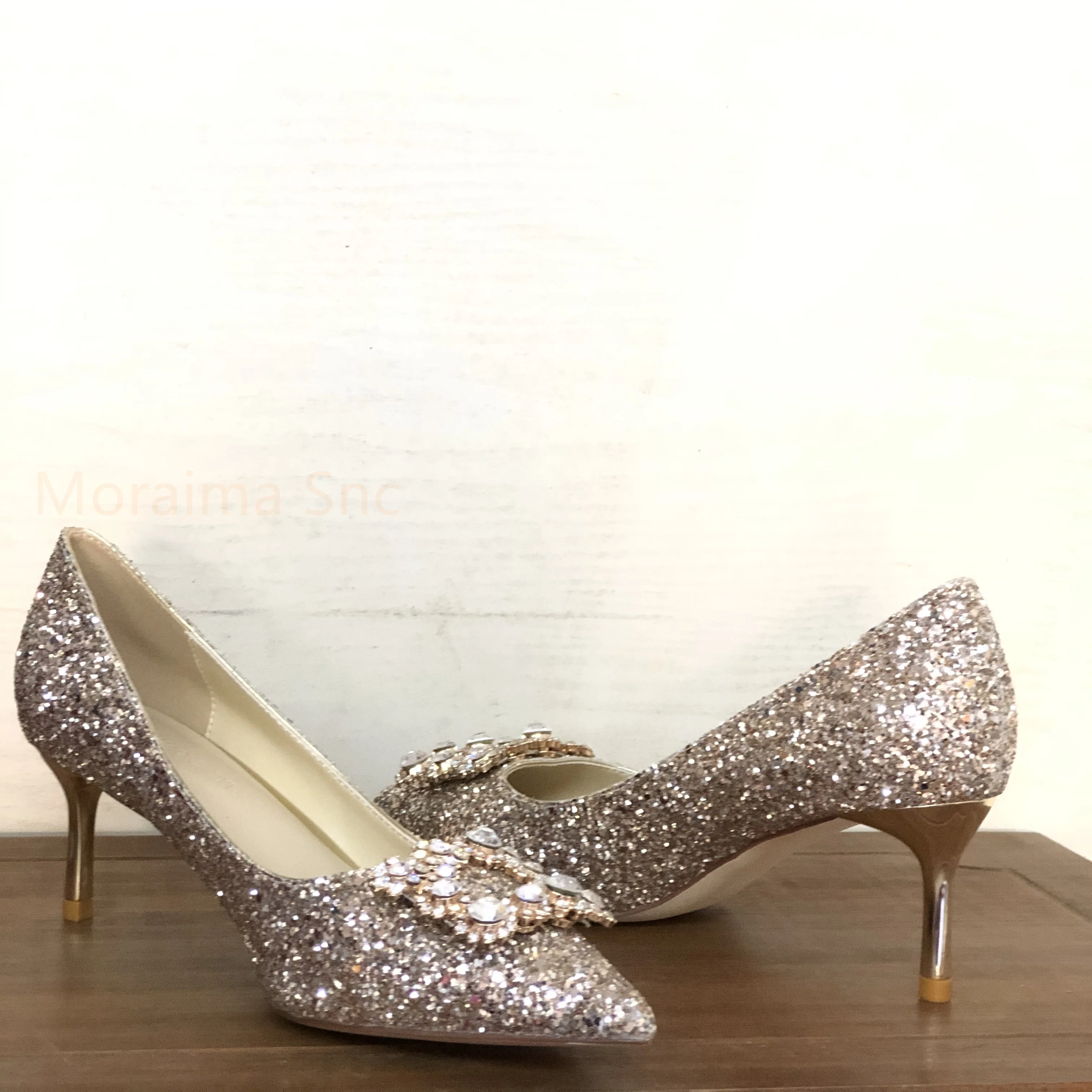 Bling Bling High Heels Wedding Shoes for Women Bride Silver Gold Stiletto Pointed Toe Slip-On Party Banquet Shoes Ladies Pumps