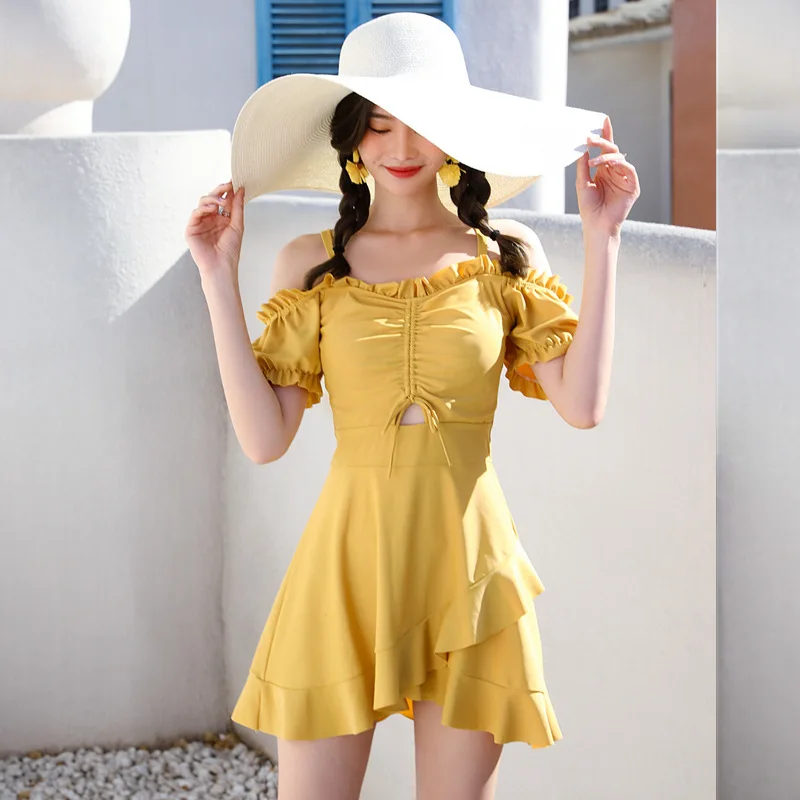 

Women Ruffles Sweet Beach Wear Mini Dress Solid Push Up One Piece Swimsuit Summer Vacation Short Sleeve Swimwear