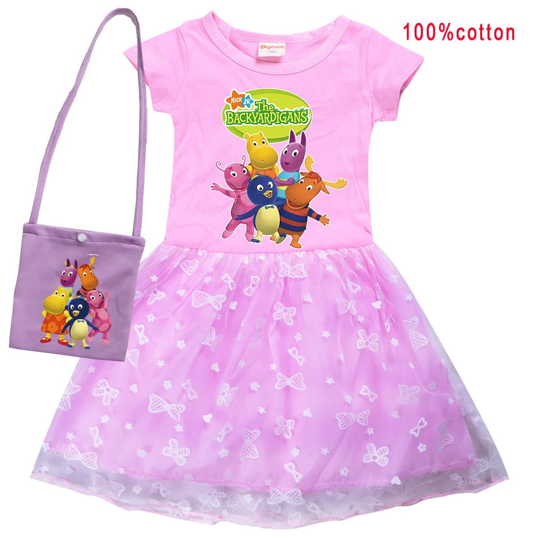 Children‘s Backyardigans Clothes Toddler Girls Lace Princess Dresses with Small Bag Kids Summer Short Sleeve Wedding Party Dress