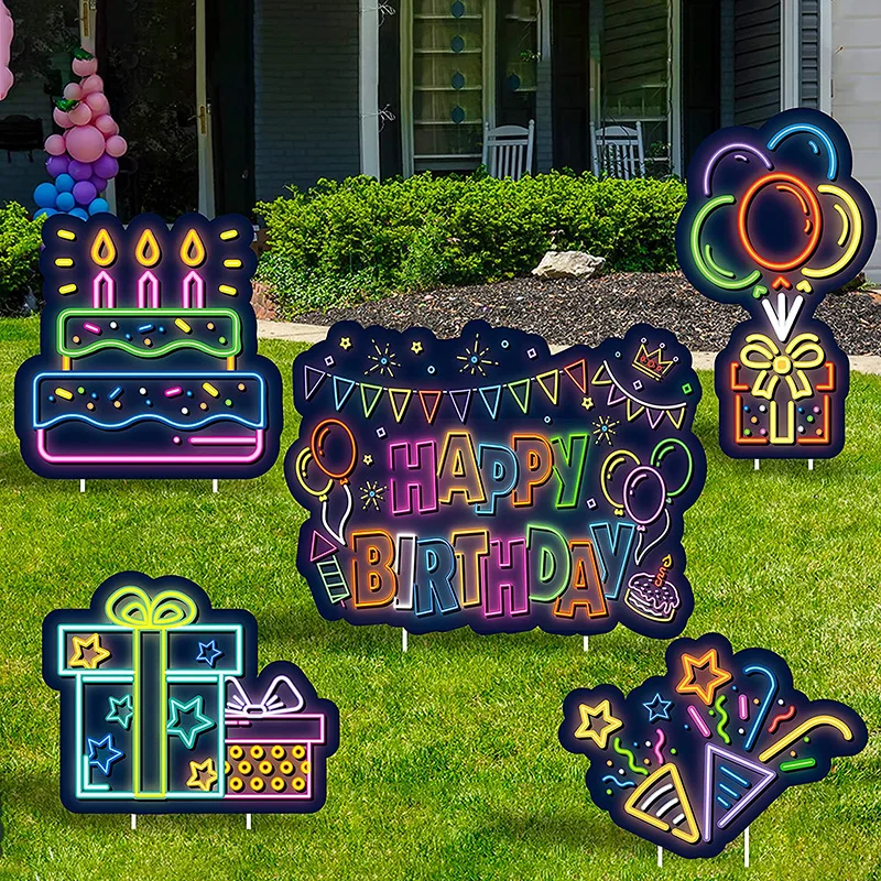 

5 Sets Neon Happy Birthday Yard Signs with Stakes Waterproof Lawn Sign Retro Outdoor Party Favor Decoration Photo Props Supplies