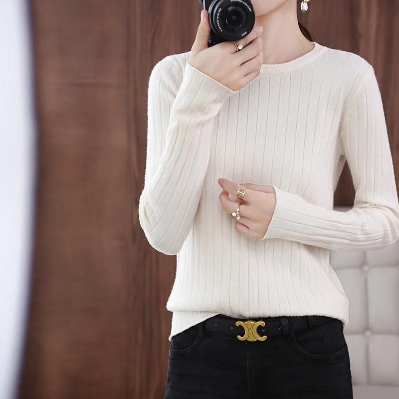 

Spring And Autumn Thin Round Neck Stripe Pullover For Women's Casual Lnner Wear And Outer Wear Knitted Shirt Underlay Swterea