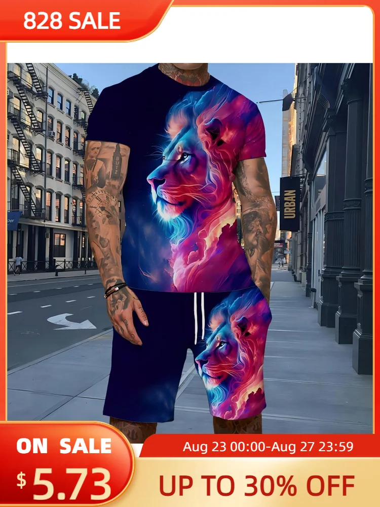 

2023 AliExpress популярный стиль 3D цифровая печать крутой звездное небо Лев Повседневный костюм мужской костюм большого размера с коротким рукавом