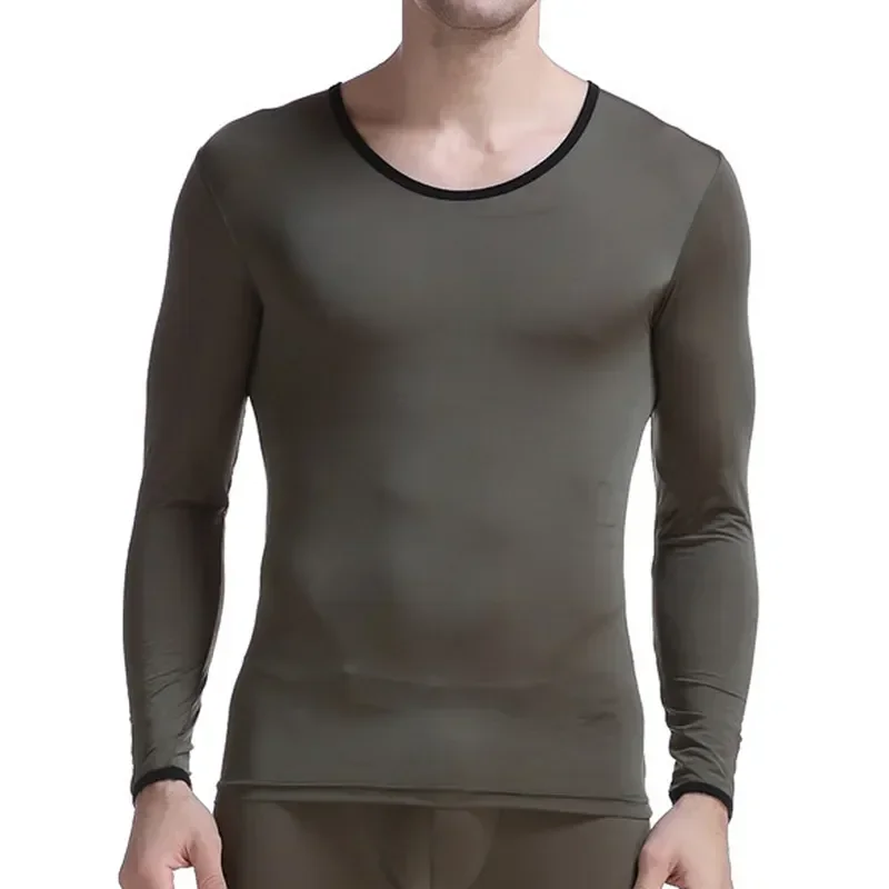

Men's Silk Solid Thin Ice Shirts Male Sleeves Summer Tops Long Johns Men Underwear Sheer Tees Thermal Super Undershirt