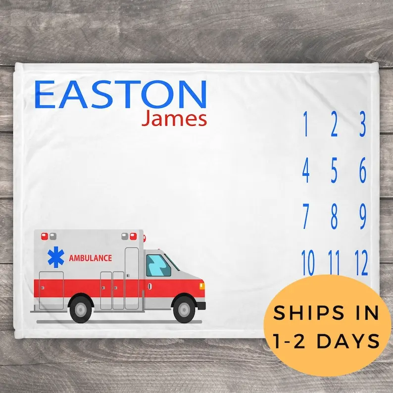 

Ambulance Blanket, EMT Milestone Blanket Personalized, Paramedic blanket, EMT Gifts, EMT Room Decor, Paramedic Mom Gift, Baby Sh