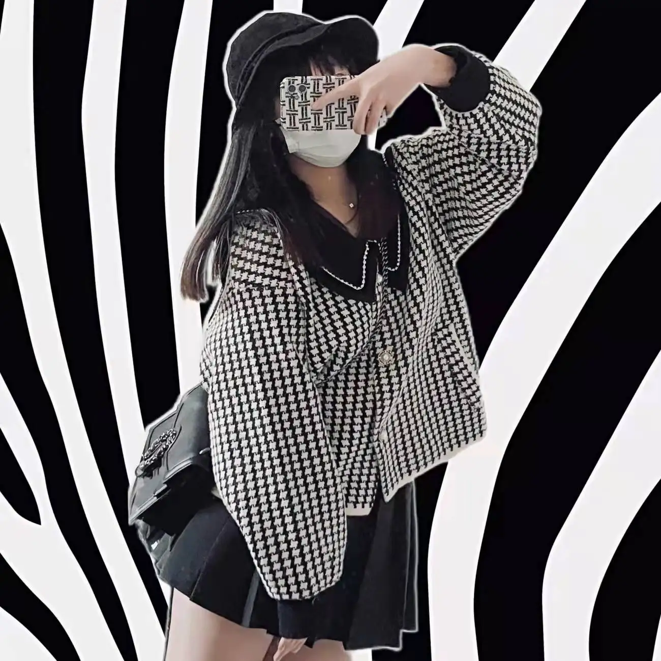 

Grid Jacket Women Autumn Winter Sailor Collar Woolen Coat Plaid Outfit Loose Coat Black and White Chic Top Simple Classic Lady