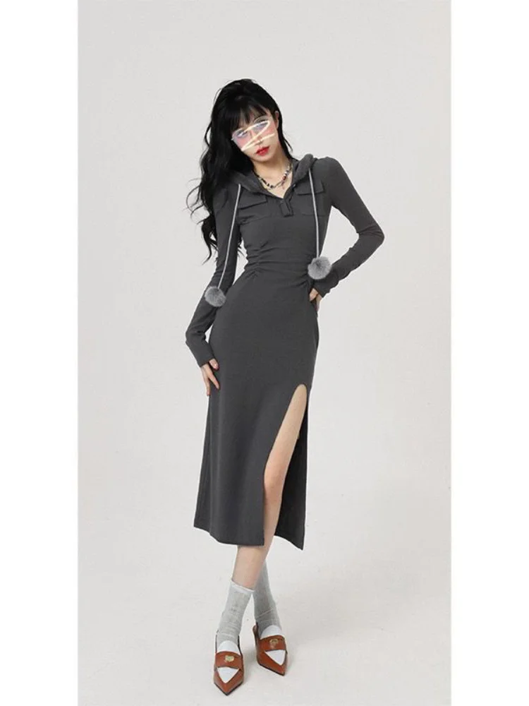 

Sexy Bodycon Hooded Dress Woen Vintage Sli Long Sleeve Dresses Split Streetwear Gray Autun Feale Robe