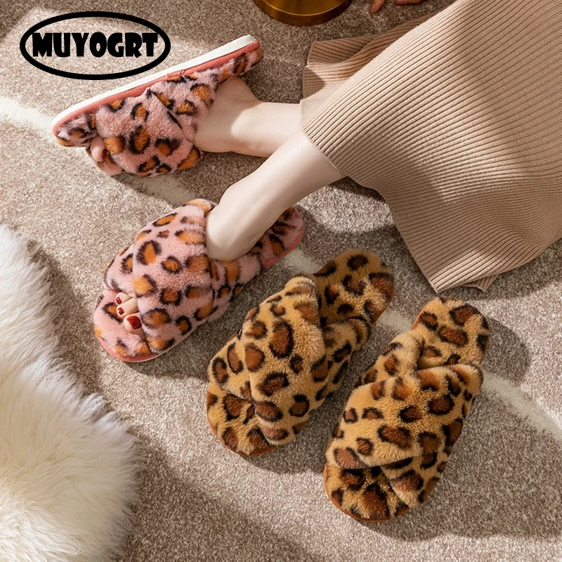 

Домашние женские меховые тапочки, пушистые мягкие плюшевые тапочки без каблука с леопардовым принтом, домашняя повседневная обувь для женщ...