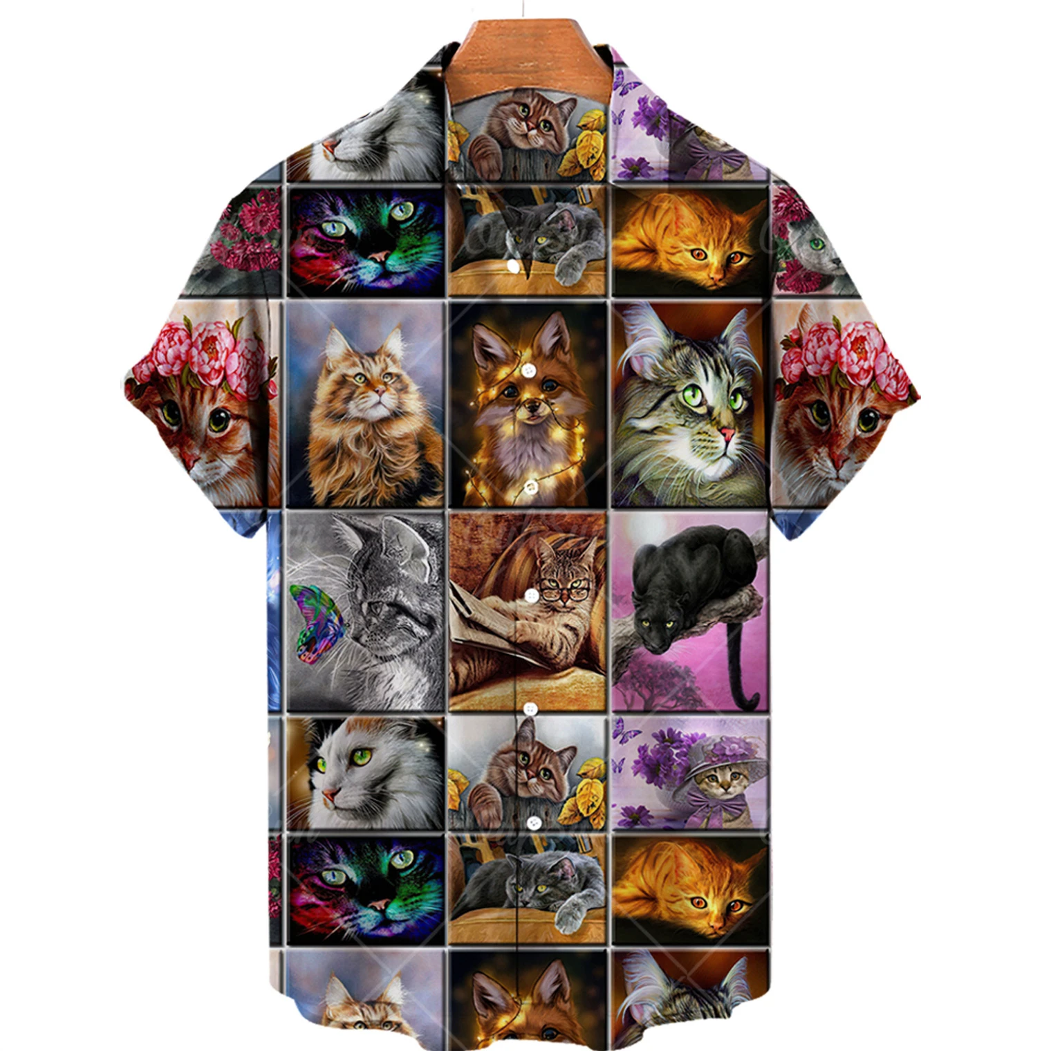2022 Men's Short Sleeve Hawaiian Shirt Casual Cute Cat 3d Print Beach Shirt Men's Lapel Shirt Size 5XL