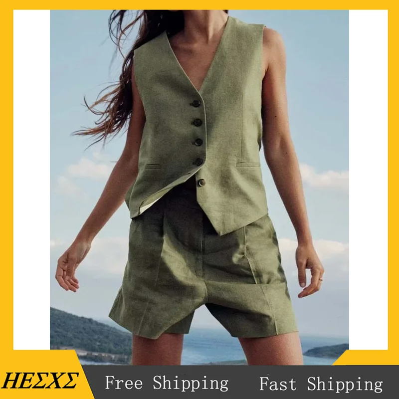 

2023 Woman 2 Pieces Shorts Sets 2023 New Fashion Linen Vest Tops Casual Shorts Summer Suit Two Piece Set Womens Outfits
