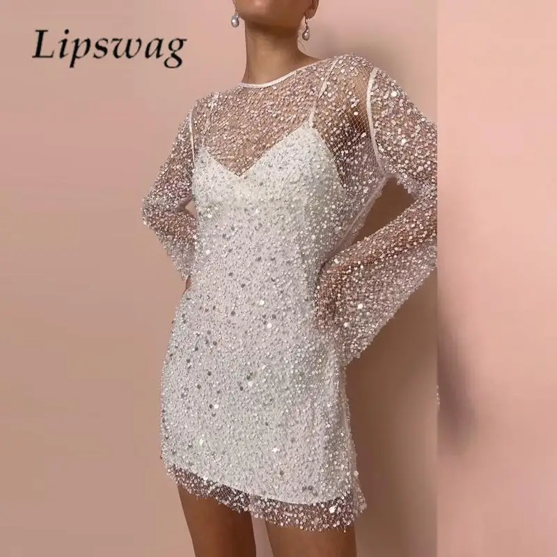 

Соблазнительное мини-платье с V-образным вырезом и длинным рукавом, модное прозрачное Сетчатое платье-накидка + платье на бретелях, комплект из 2 предметов, женский свободный костюм