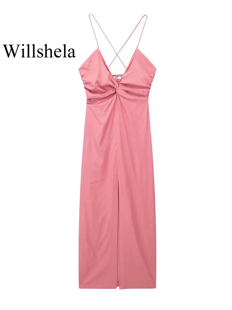 

Willshela женское модное розовое платье миди с разрезом спереди и боковой молнией, с открытой спиной, винтажные тонкие бретельки с v-образным вырезом, женские шикарные платья для девушек