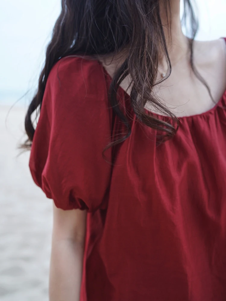 Весна-лето 2024 красные ретро топы для отпуска с пышными рукавами белые Волшебные