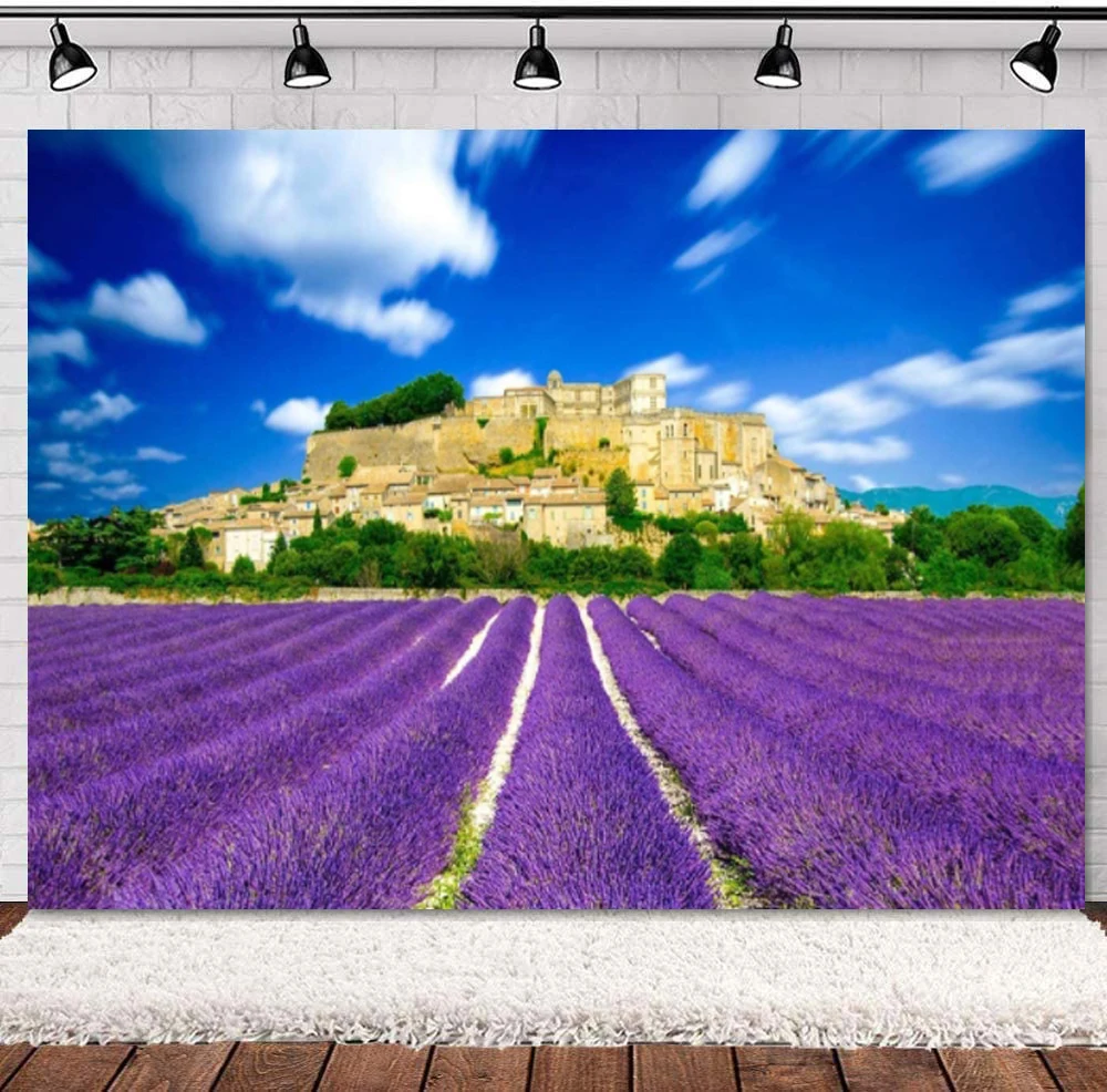 France Provence Backdrop Lavender Fields Photography Background Blue Sky White Cloud Castle Interior Decor Kid Adult Portrait