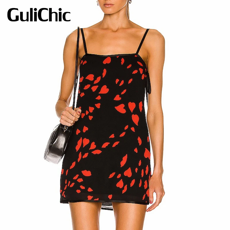 

Женское элегантное темпераментное платье GuliChic 9,11 с принтом в виде сердца, регулируемое на шнуровке, удобное платье на бретелях с вырезом лодочкой