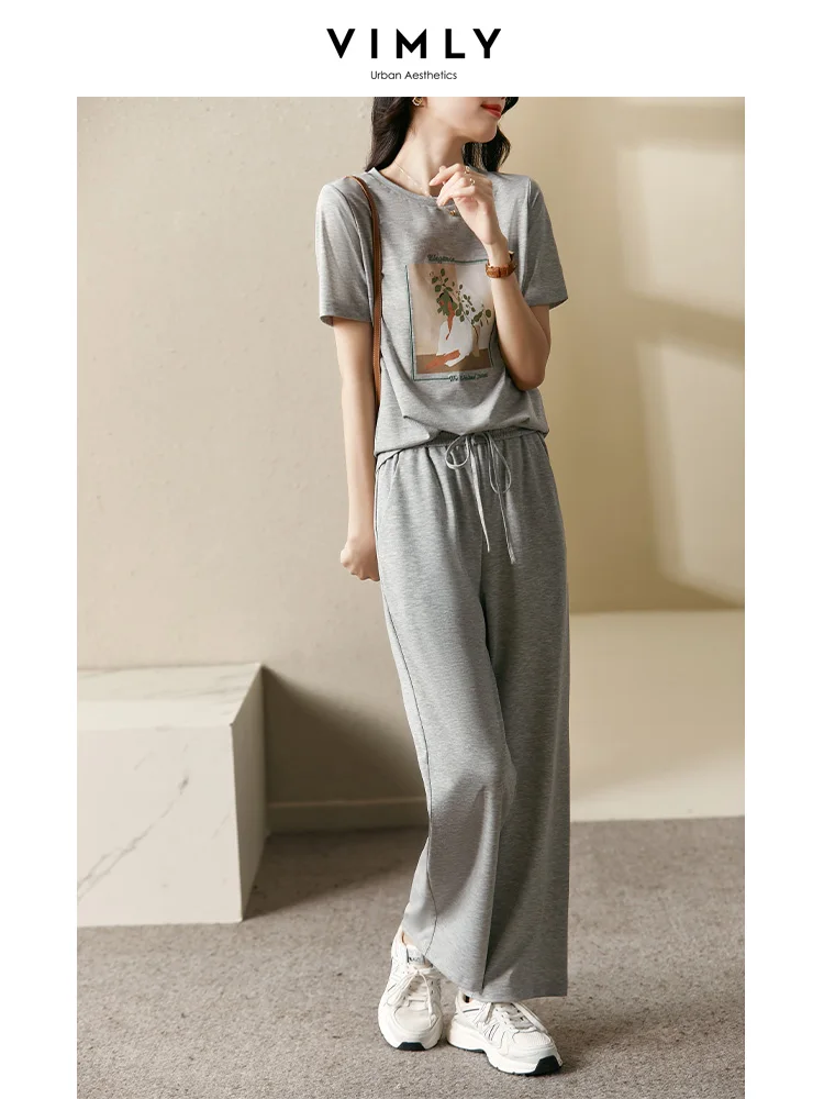 

Vimly Pant Sets Casual Sports 2023 New Pockets Printing Fashion Short Sleeve Wide-leg Pants Two Piece Sets Womens Outifits V2687