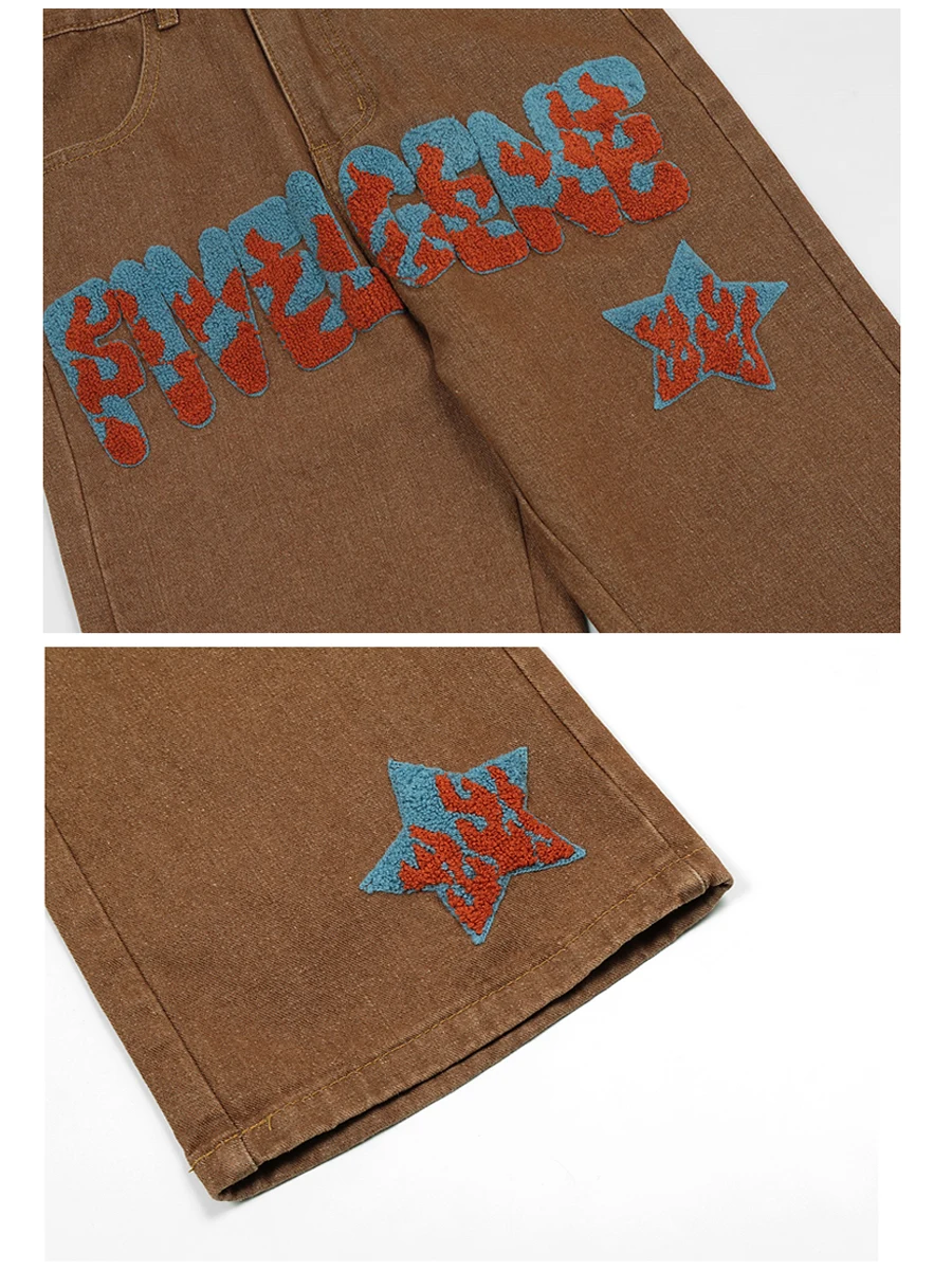 Four Seasons Men Jeans Embroidered Letters Cow Trend Hip Hop Loose Casual Wide Leg Nine-point Pants Streetwear Men ins Hot Sale