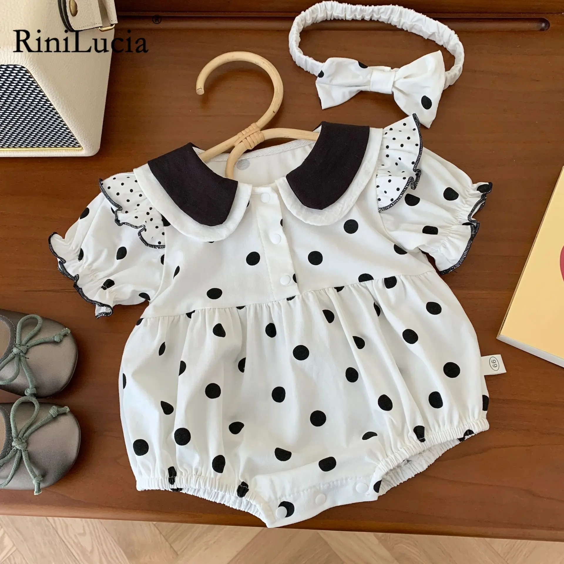 

2023 Summer Newborn Baby Romper Baby Clothes Girl Rompers Short Sleeve Dot Print Lapel Infant Girls Romper 0-24 Months