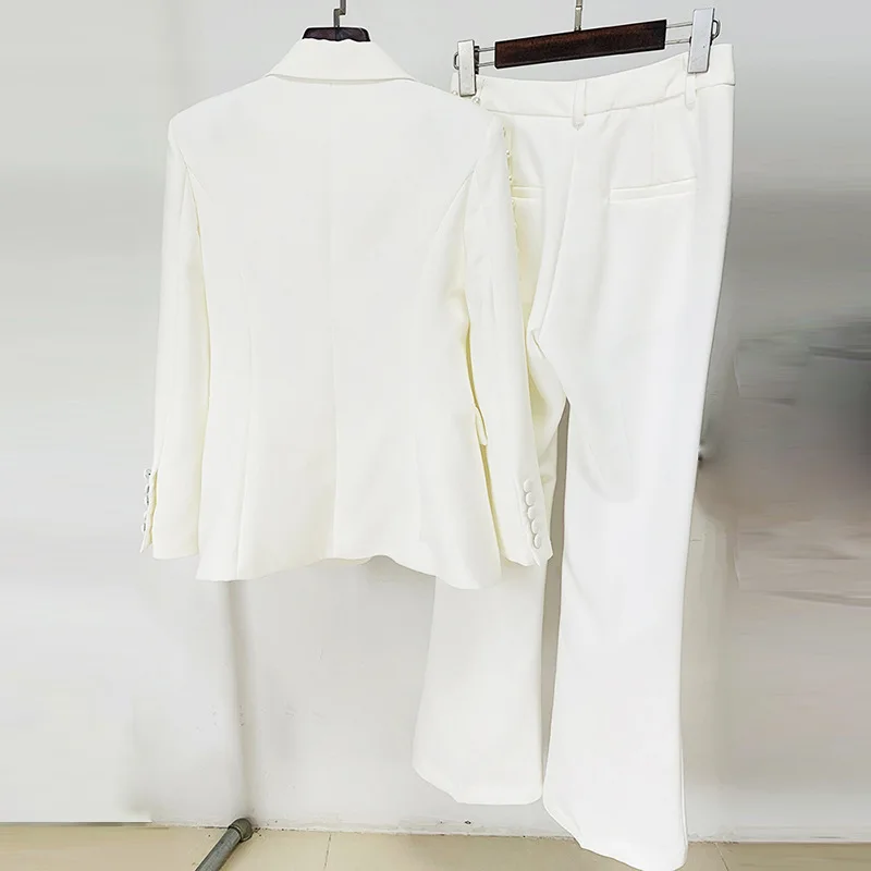 Women's Suit Set 2 Piece Fashion Spring and Autumn Temperament Celebrity Pearl Nail Beading One Button Jacket+Flared Pants