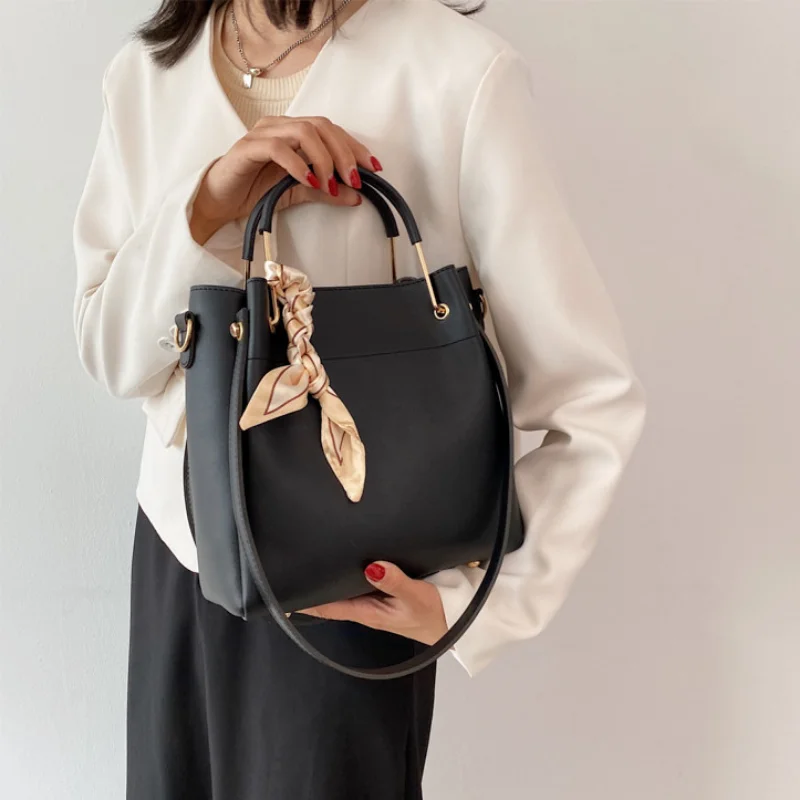 Women's PU Simple Large Capacity Wide Shoulder Bucket Bag Fashion Portable Solid Color Crossbody Silk Scarf Tote Bags for Women
