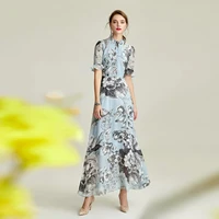 blue mother of the bride dresses print flower a line short sleeve high neck casual button fashion wedding banquet evening gowns