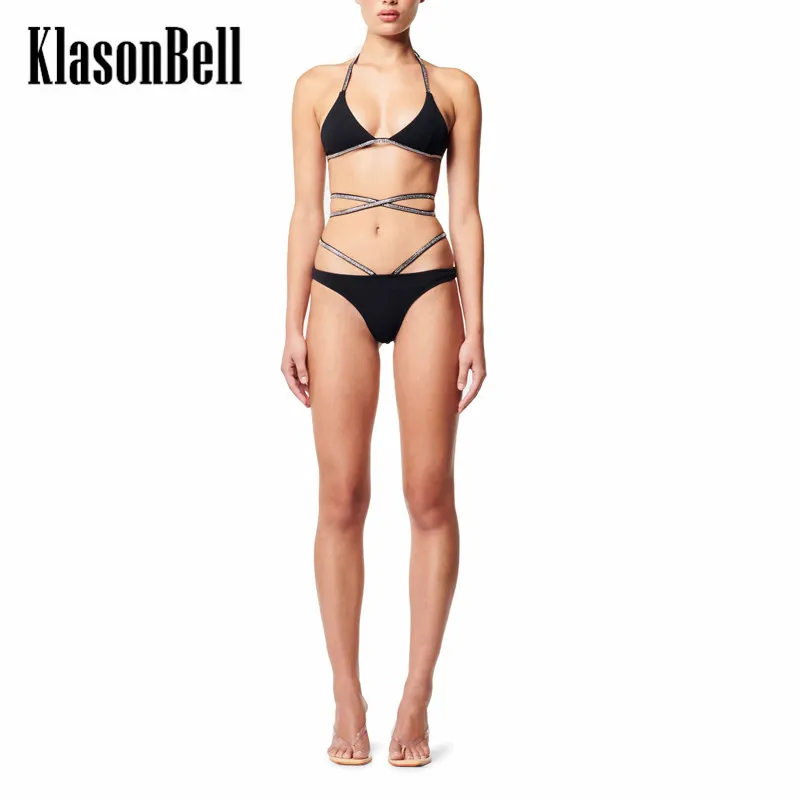 

4,24 KlasonBell сексуальный модный бриллиантовый бюстгальтер с тонкими бретельками + трусы пляжные праздничные бикини купальный костюм для женщин