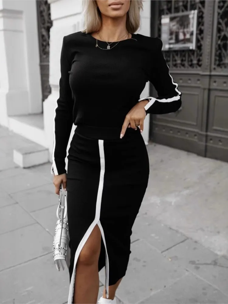 Осенние элегантные однотонные комплекты из 2 предметов. Женская одежда. Футболка